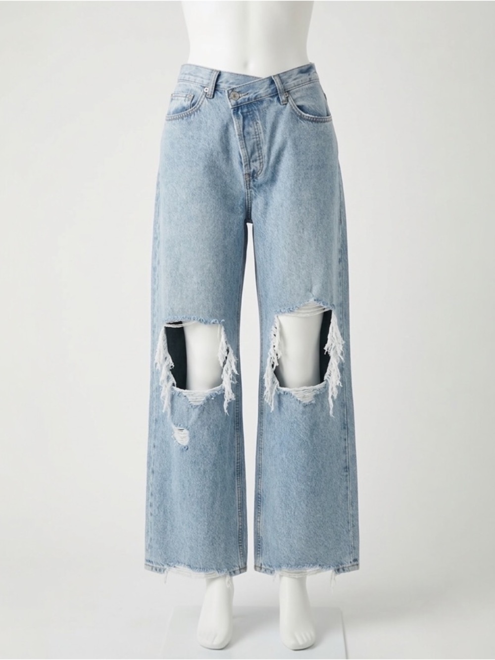 Princess Polly Asymmetrical Waist Distressed Jeans Light Wash Wide Leg Size 12